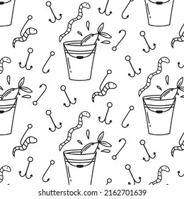 Pattern with fishing tackle. Seamless pattern with floats and hooks. Doodle style. Vector illustration.