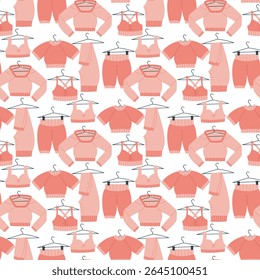 Pattern with fitness clothing items. Various sweatshirts, pants, and shorts on hangers. Flat color illustration in a seamless. For posters, sportswear, apps, packaging, and blogs, active lifestyle