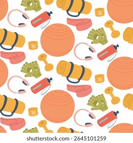 Pattern with fitness items. Ball, headphones, water bottle, gloves, mat roll, dumbbells, bandage. Flat color illustration in a seamless texture. For posters, sportswear, apps, packaging, and blogs