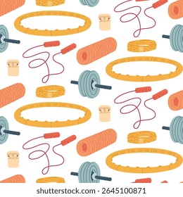Pattern with fitness items. Headband, headphones, skipping rope, bandage, massage roll. Flat color illustration in a seamless texture. For posters, sportswear, apps, packaging, and blogs about health