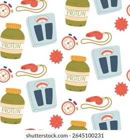 Pattern with fitness items. Scales, whistle, protein, stopwatch, massage ball. Flat color illustration in a seamless texture. For posters, sportswear, packaging, blogs about health, active lifestyle
