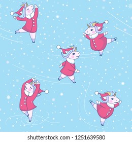 pattern with five cute unicorn skates with a Santa Claus coat and hat on blue background with snowflakes 