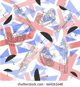 pattern with a flag, crown, clock and an umbrella