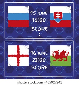Pattern, flags, date and info for football. A soccer ball pattern and a European countries flags.