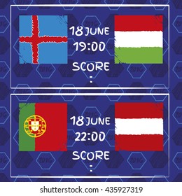 Pattern, flags, date and info for football. A soccer ball pattern and a European countries flags.