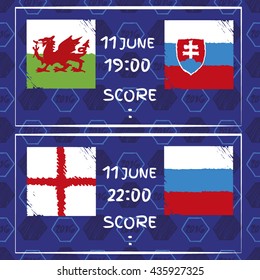 Pattern, flags, date and info for football. A soccer ball pattern and a European countries flags.
