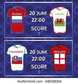 Pattern, flags, date and info for football. Hand drawn t-shirt with flag. A soccer ball pattern and a European countries flags.