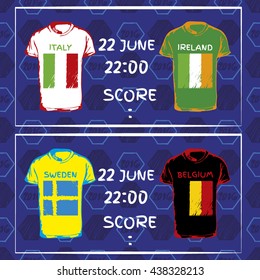 Pattern, flags, date and info for football. Hand drawn t-shirt with flag. A soccer ball pattern and a European countries flags.