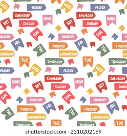 A pattern of flags with labels of days of the week for the calendar. Abstract background with square and triangular flags. Calendar reduction. Seamless calendar background. Print on textiles and paper