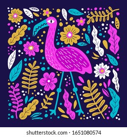 pattern with flamingo and hand drawn leaves.