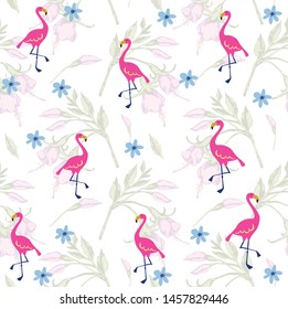 
pattern of flamingo on the floral background. romantic and tropical bird pattern