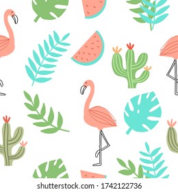 pattern with flamingos, cactus and leaves for baby textiles