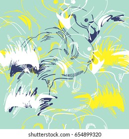 Pattern with flamingos. Drawing by hand. Multicolored birds. Stylish summer tropical background.