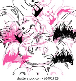 Patrón con flamencos. Dibujo a mano. Pájaros multicolores. Elegante fondo tropical de verano.