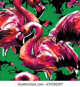 Pattern with flamingos. Drawing by hand. Bright watercolor stain. Multicolored paint stains. Stylish summer tropical background. Pink birds.