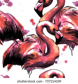 Pattern with flamingos. Drawing by hand. Bright watercolor stain. Multicolored paint stains. Stylish summer tropical background. Pink birds.