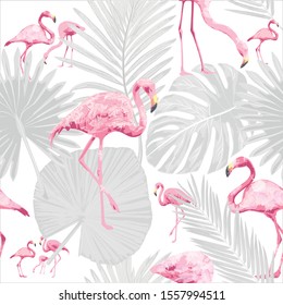 Pattern with flamingos and exotic leaves. Pink flamingos with black and white leaves