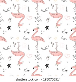 pattern with flamingos, hearts, stars hand drawn.  vector girlish illustration.  suitable for a nursery, pens, notebooks, cover, notebook, screensaver, wallpaper