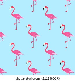 pattern with flamingos on a blue background, pink flamingos stand on one leg, flamingos vector graphics