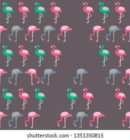 Pattern with flamingos on gray background. Vector seamless texture.