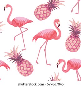 Pattern with flamingos and pineapples. Vector seamless texture.