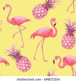 Pattern with flamingos and pineapples. Vector seamless texture.