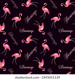 Pattern with flamingos and text.Vector seamless pattern with pink flamingos and texts on a dark background.