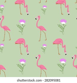 Pattern with flamingos and tropical flowers