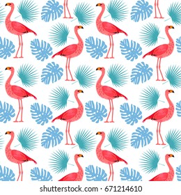 Pattern with flamingos and tropical leaves