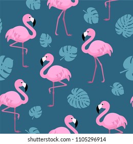 Pattern with flamingos and tropical leaves. Vector seamless texture.