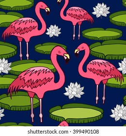Pattern with flamingos, water lilies and lotuses