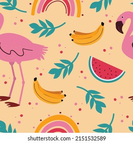 Pattern with flamingos and watermelons, bananas. Vector seamless background