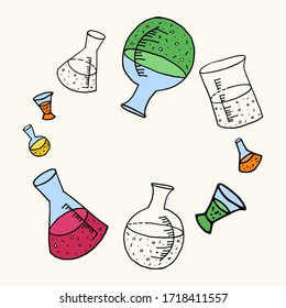 Pattern with flasks and glasses in cute cartoon style. Day of chemistry, metrology, science. Vector illustration.