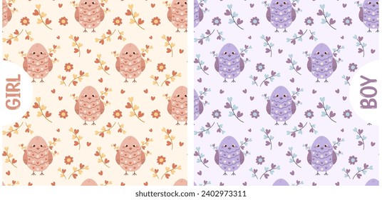 Pattern with flat birds, hearts and branches for boys and girls. Children's delicate print in pink and blue colors