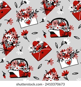 A pattern of flat bouquets with flowers in colored shapes. Bouquets of white and red daisies doodle. Vector insulated basket, envelope, paper. Gift wrapping for Valentine's Day, birthday, Mother's Day