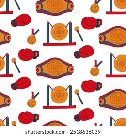 pattern of flat boxing accessories. Boxing gloves, gold belt, medal, cap, gong. Texture of sports accessories in red, blue and yellow colors. Repeating objects on a white. Winning the boxing game