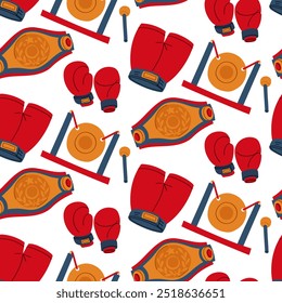 Patrón de accesorios de boxeo plano para el entrenamiento. Guantes de boxeo, cinturón de oro, pantalones cortos de boxeo, guantes de boxeo, gong. Una textura con artículos deportivos en colores rojo, azul y amarillo. Resaltado en blanco