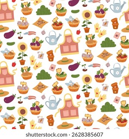 padrão de ilustrações em cores planas em um tema de mola. Plantação de plantas dedicadas à natureza, crescimento e desenvolvimento sustentáveis. É usado em blogues de jardinagem, meio ambiente, artigos sobre agricultura