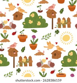 pattern of flat color illustrations of spring blossoming. Spring blooming, dedicated nature, love for animals. Beautiful illustration. It is used in blogs about gardening, environmental projects