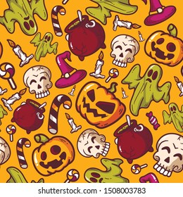 Pattern with flat design with spooky faces on the dark background. Vector illustration