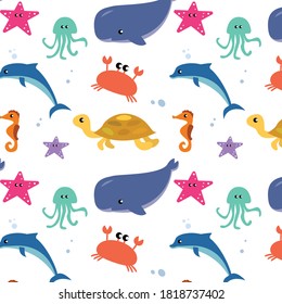 Pattern of flat illustrations of marine life marine fish and animals. Dolphins and whales, sharks and octopuses, jellyfish and seahorses. Set of cute animals icons isolated on white background.