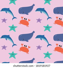 Pattern of flat illustrations of marine life marine fish and animals. Dolphins and whales, sharks and octopuses, jellyfish and seahorses. Set of cute animals icons isolated on white background.