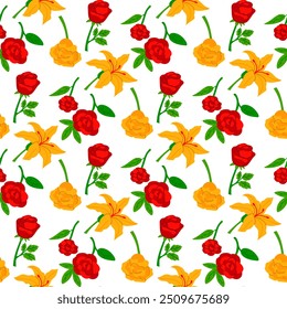 pattern of flat natural traditional Mexican bright flowers with leaves, red and yellow flowers. Rose, chrysanthemum, lily. Decorative folk graphics. a festive Mexican floral motif. Seamless texture
