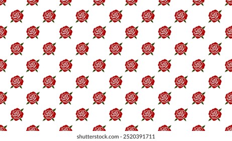  pattern of flat red rose icons on a white background.Ideal for greeting cards, gift wrap, and more