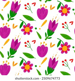pattern of flat stylized traditional Mexican flowers, leaves, berries in bright colors. Decorative stylized graphics, wallpaper element. a festive Mexican floral motif. Packaging, seamless texture