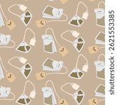 pattern is flat tea bags and pyramids. Green, black, triangular, rectangular tea bags for brewing. a bag with a label. The texture. For hot drinks that can be brewed with water. Color illustration