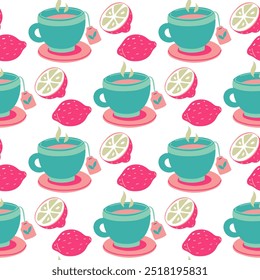 Pattern with a flat vector illustration of blue cup with tea bag with a whole and half pink lemon. Blue, pink, yellow. Mug with hot tea and citrus fruits, texture a cold. first is to help with a cold