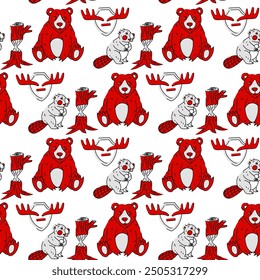 pattern is a flat vector illustration depicting red Canadian animals with a black outline and texture. Horns of a bear, beaver, moose. Bright repeating animals, Canada Day theme, on a white background