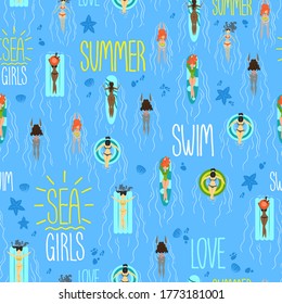 Pattern with floating girls. Vector illustration.