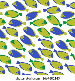 Pattern of a flock of different sea blue and green fish. Floating abstract fish on a white background. Seamless pattern.